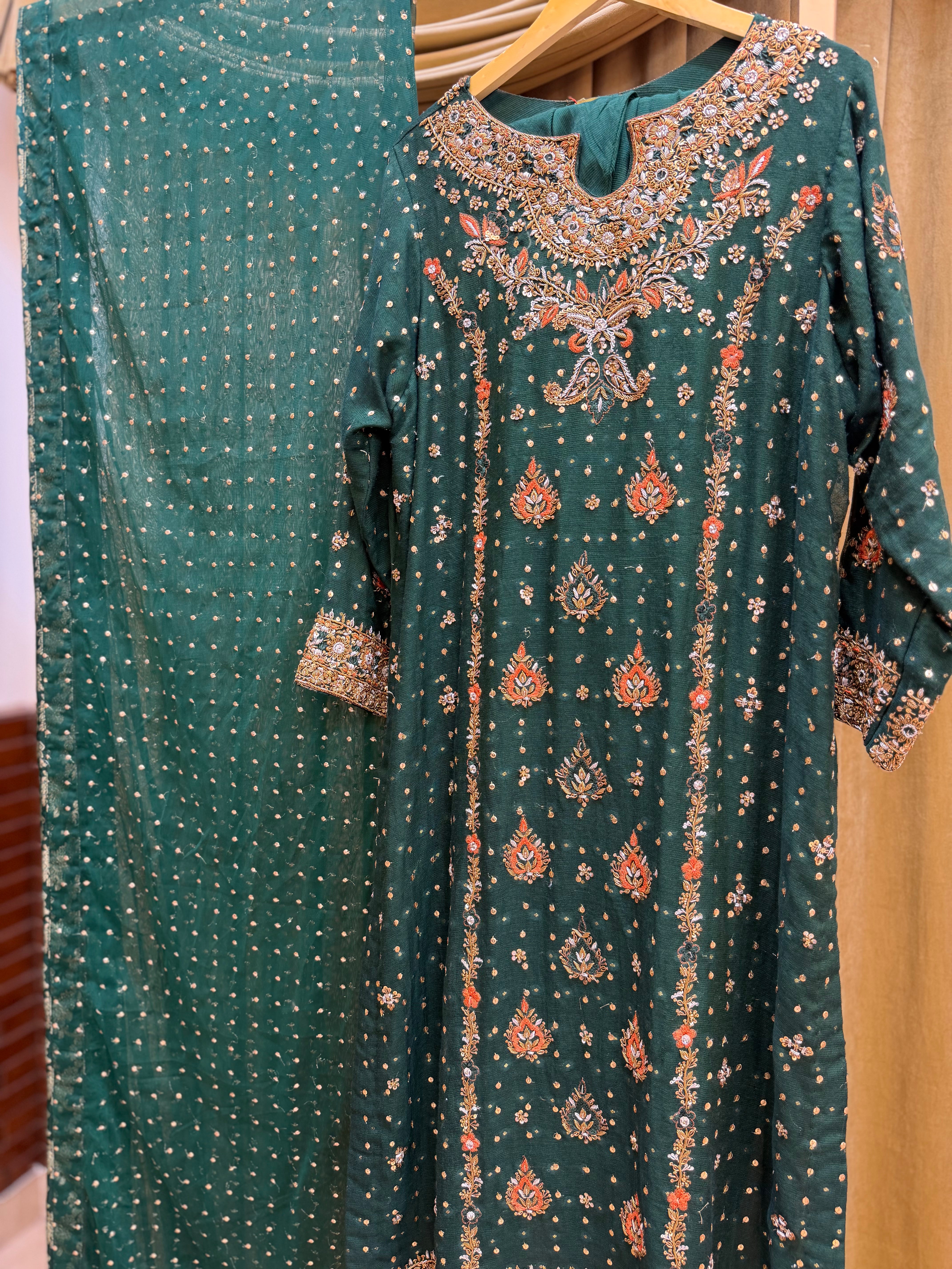 HARIS SHAKEEL BOTTLE GREEN LONG SHIRT