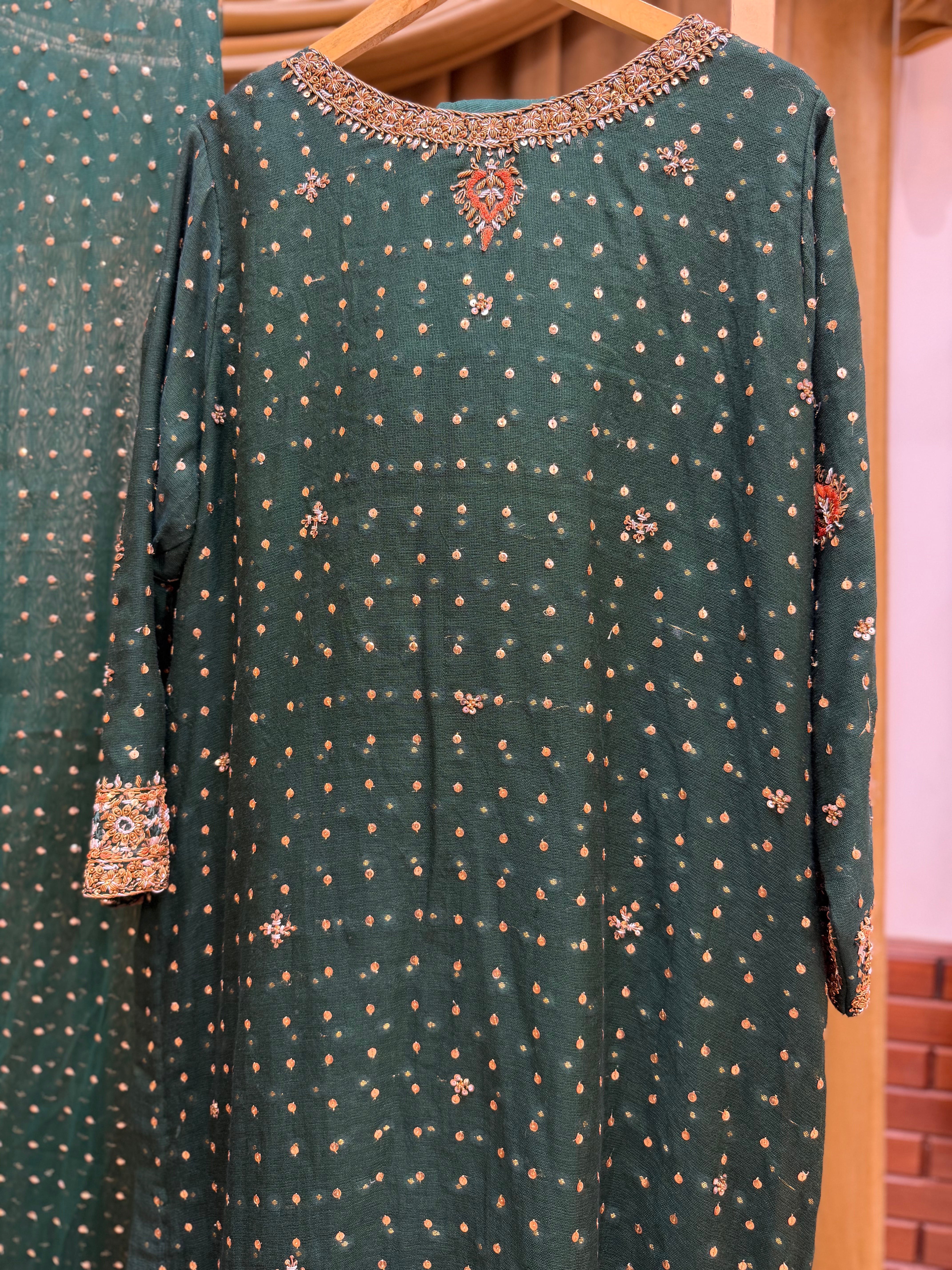 HARIS SHAKEEL BOTTLE GREEN LONG SHIRT