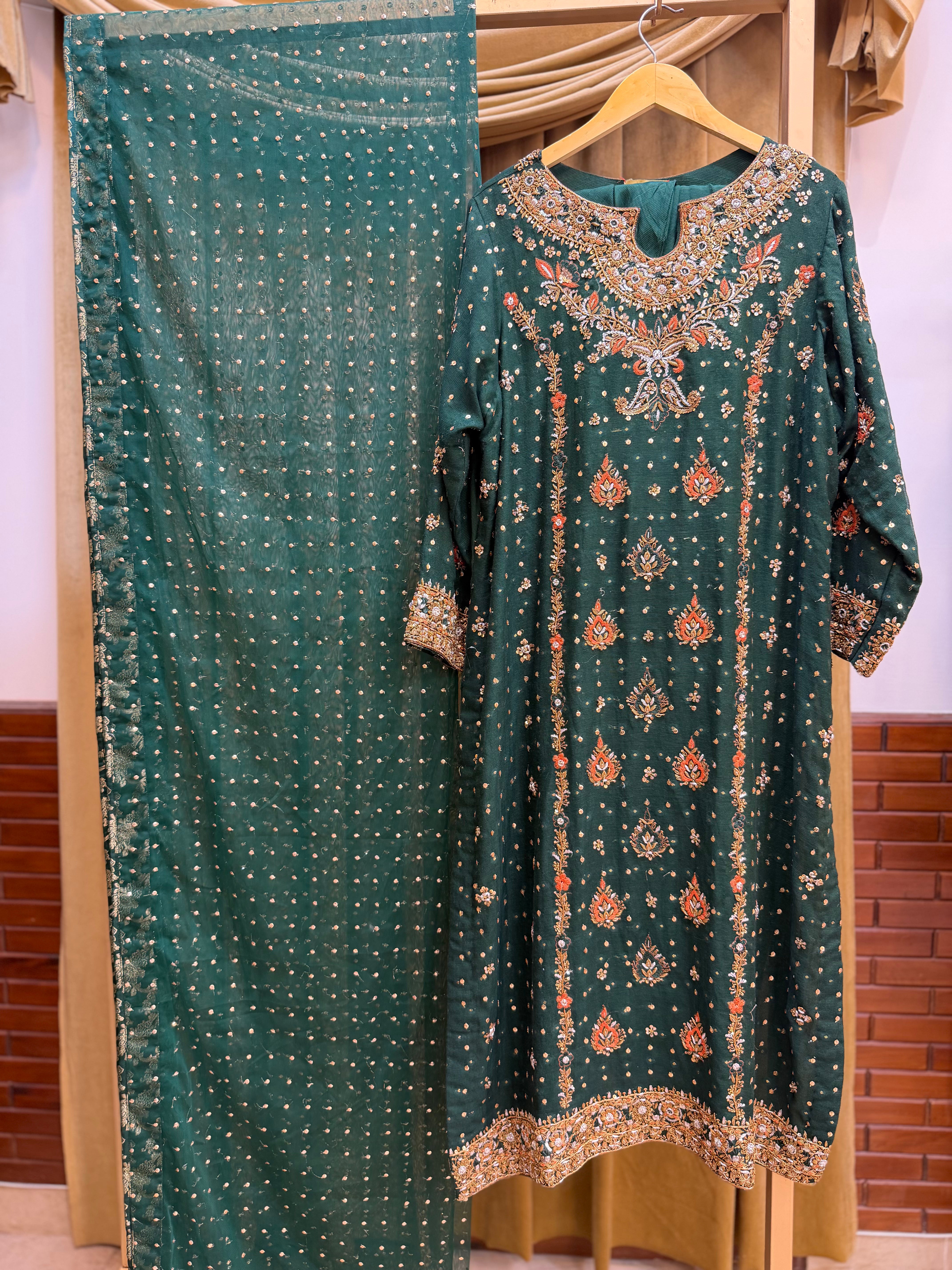 HARIS SHAKEEL BOTTLE GREEN LONG SHIRT