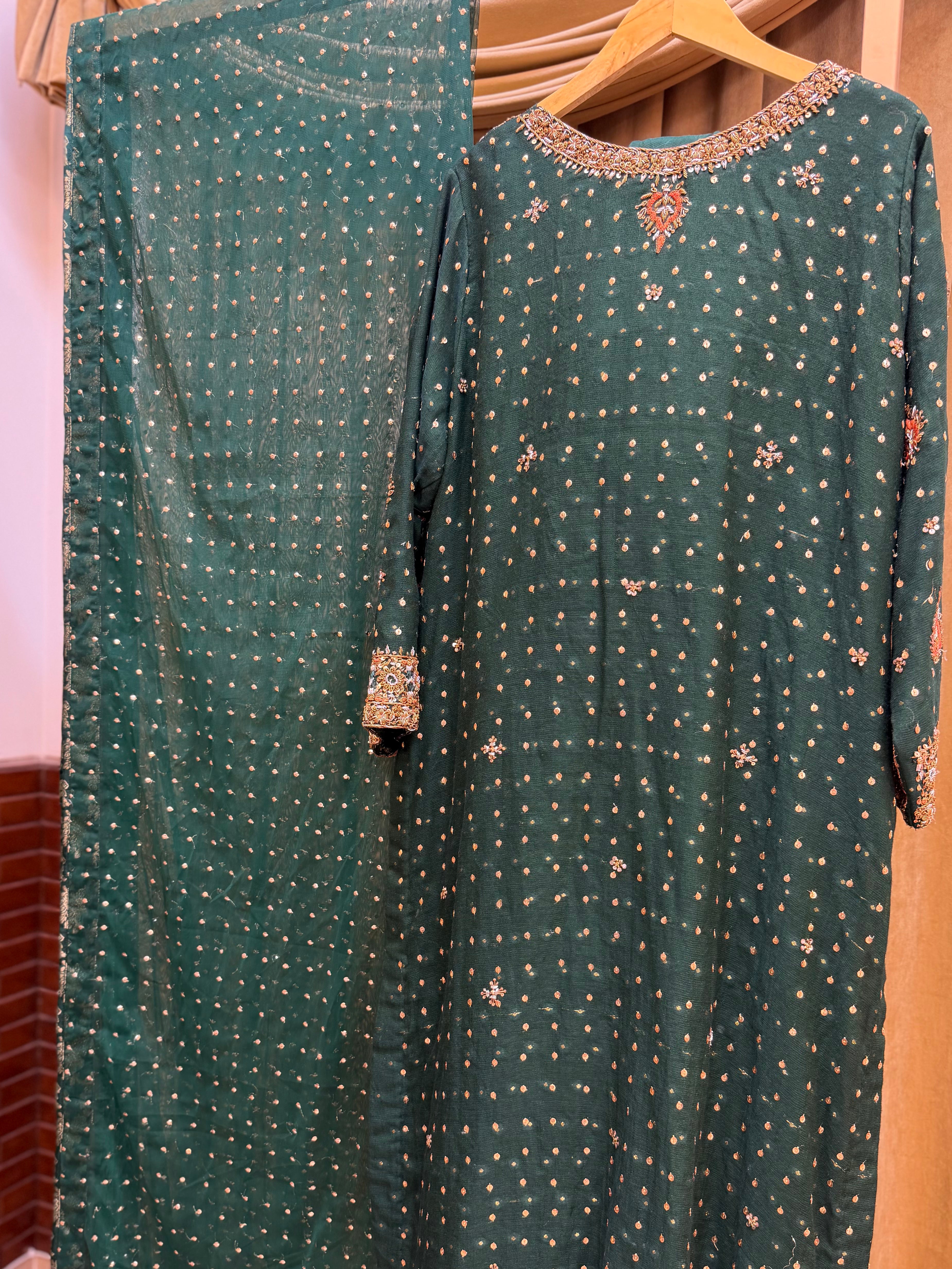 HARIS SHAKEEL BOTTLE GREEN LONG SHIRT