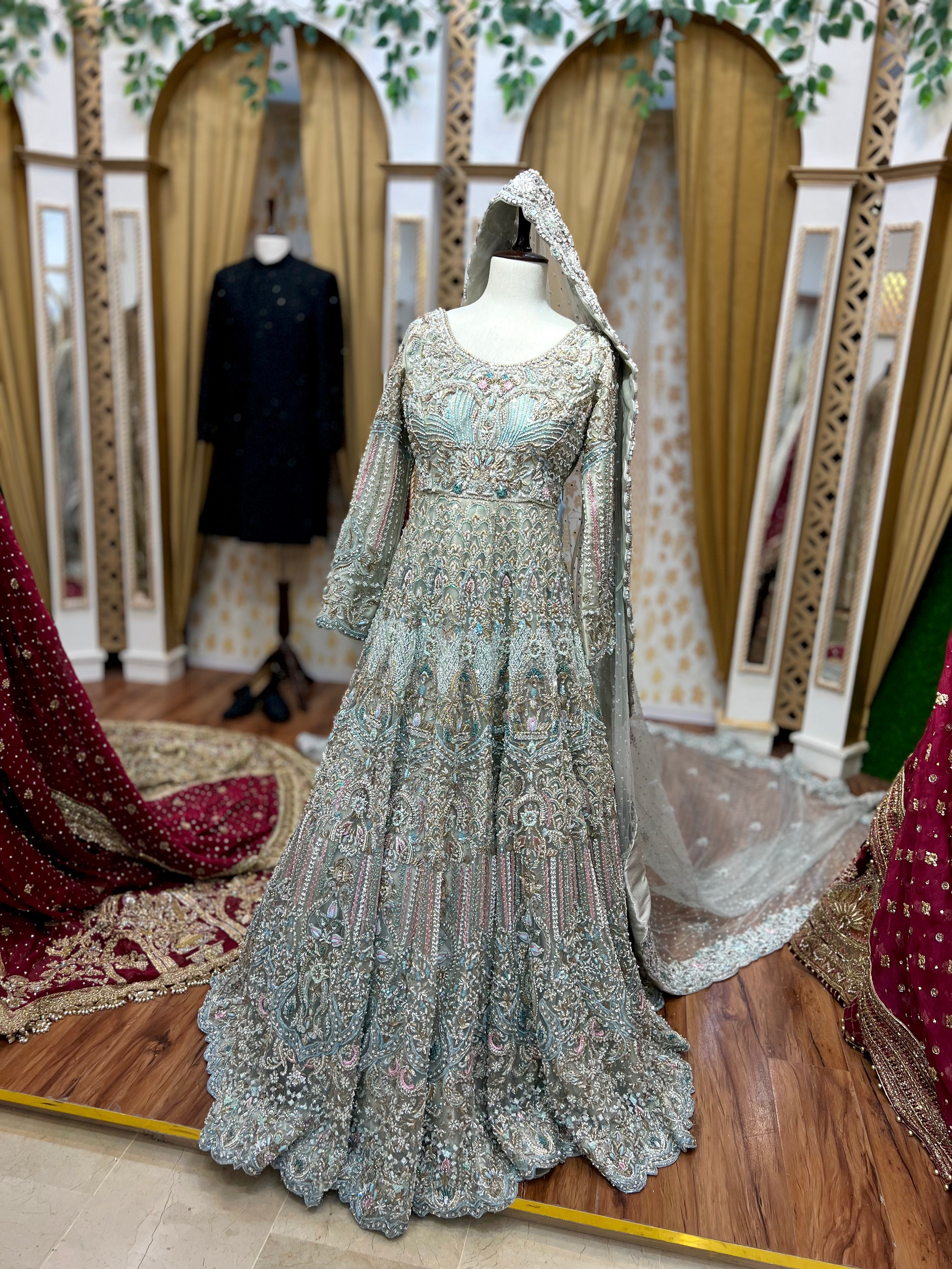 Ahmad Sultan Luxury Ice Blue Maxi With Tail Dupata