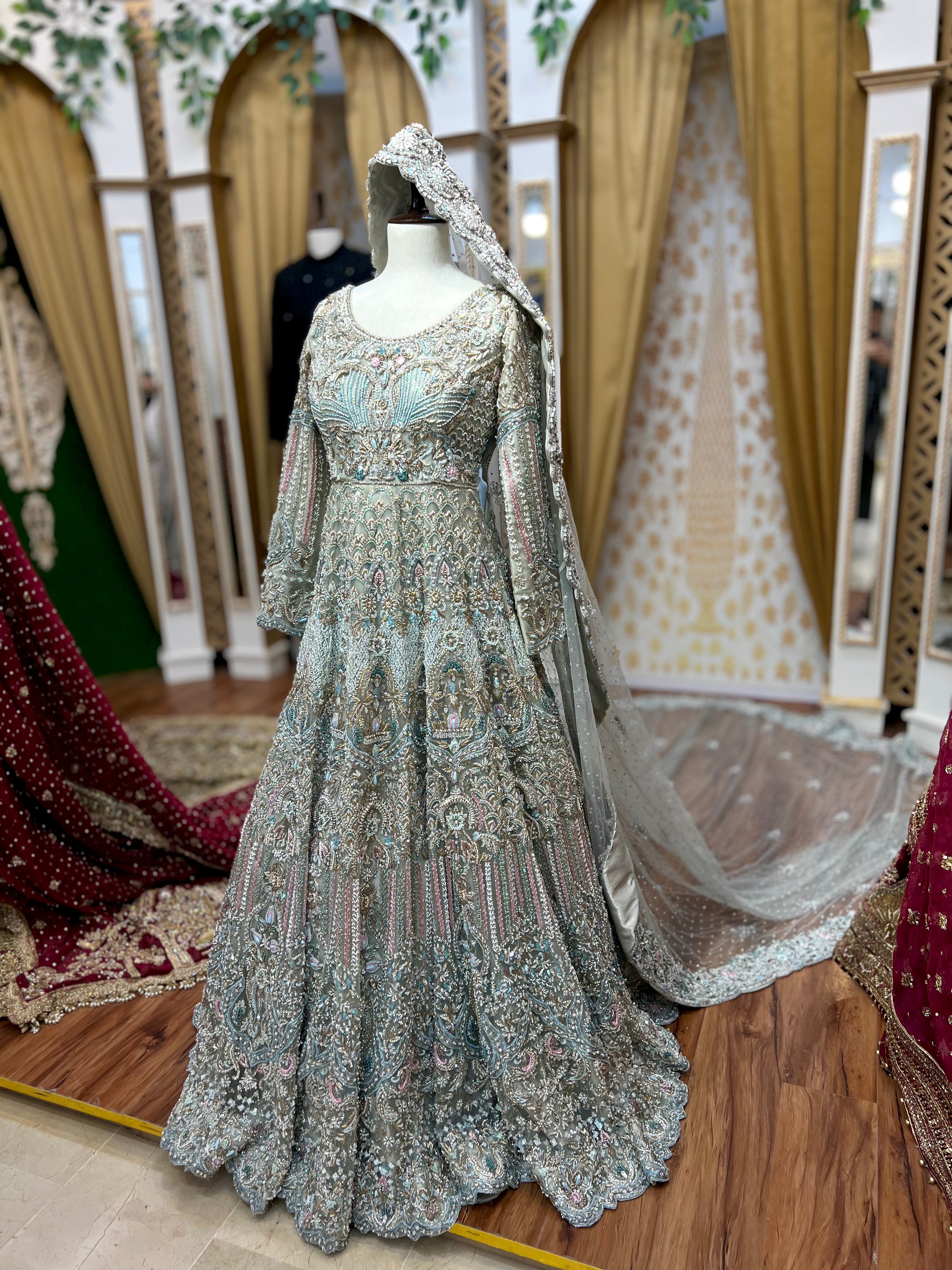 Ahmad Sultan Luxury Ice Blue Maxi With Tail Dupata