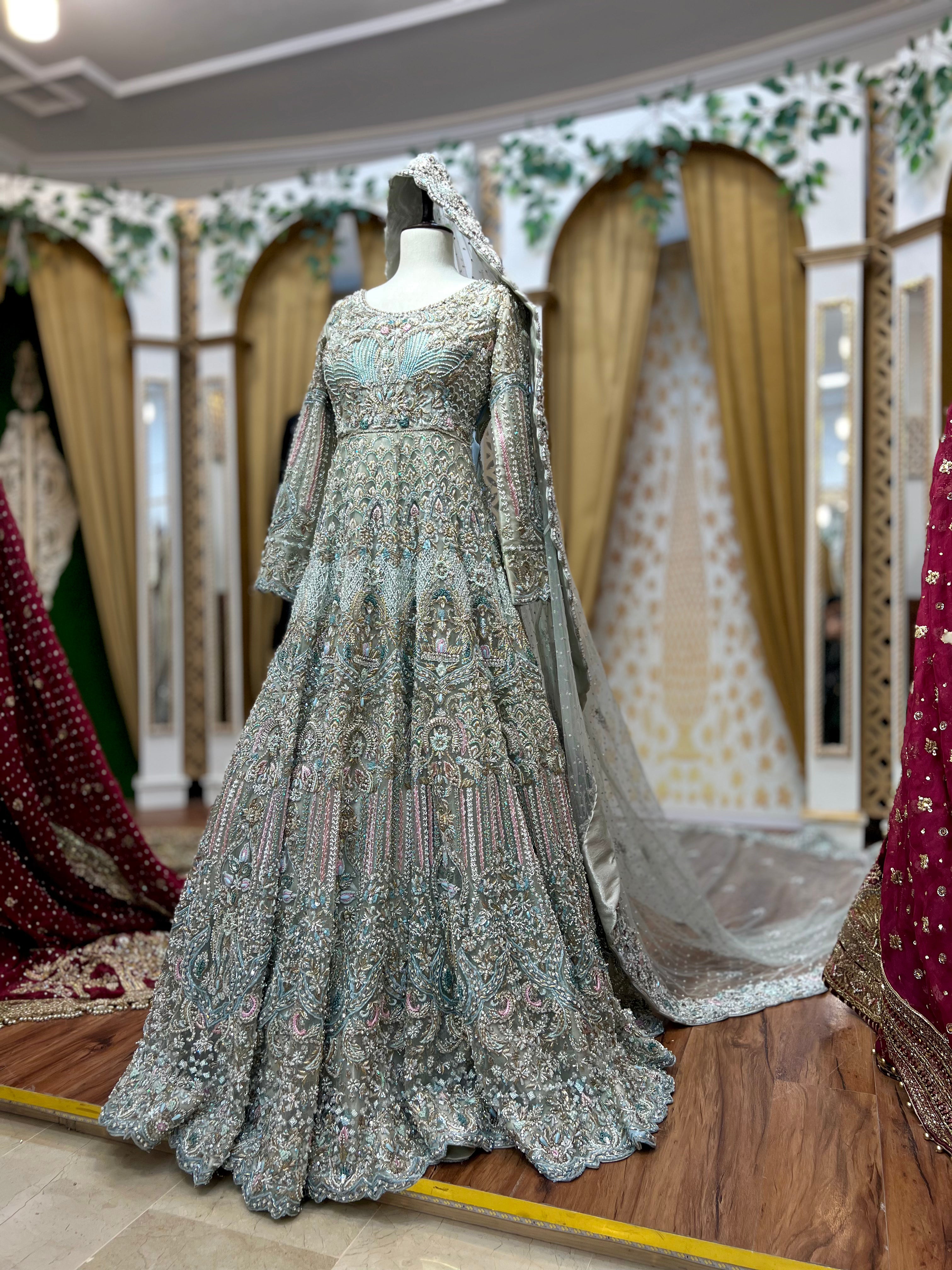 Ahmad Sultan Luxury Ice Blue Maxi With Tail Dupata