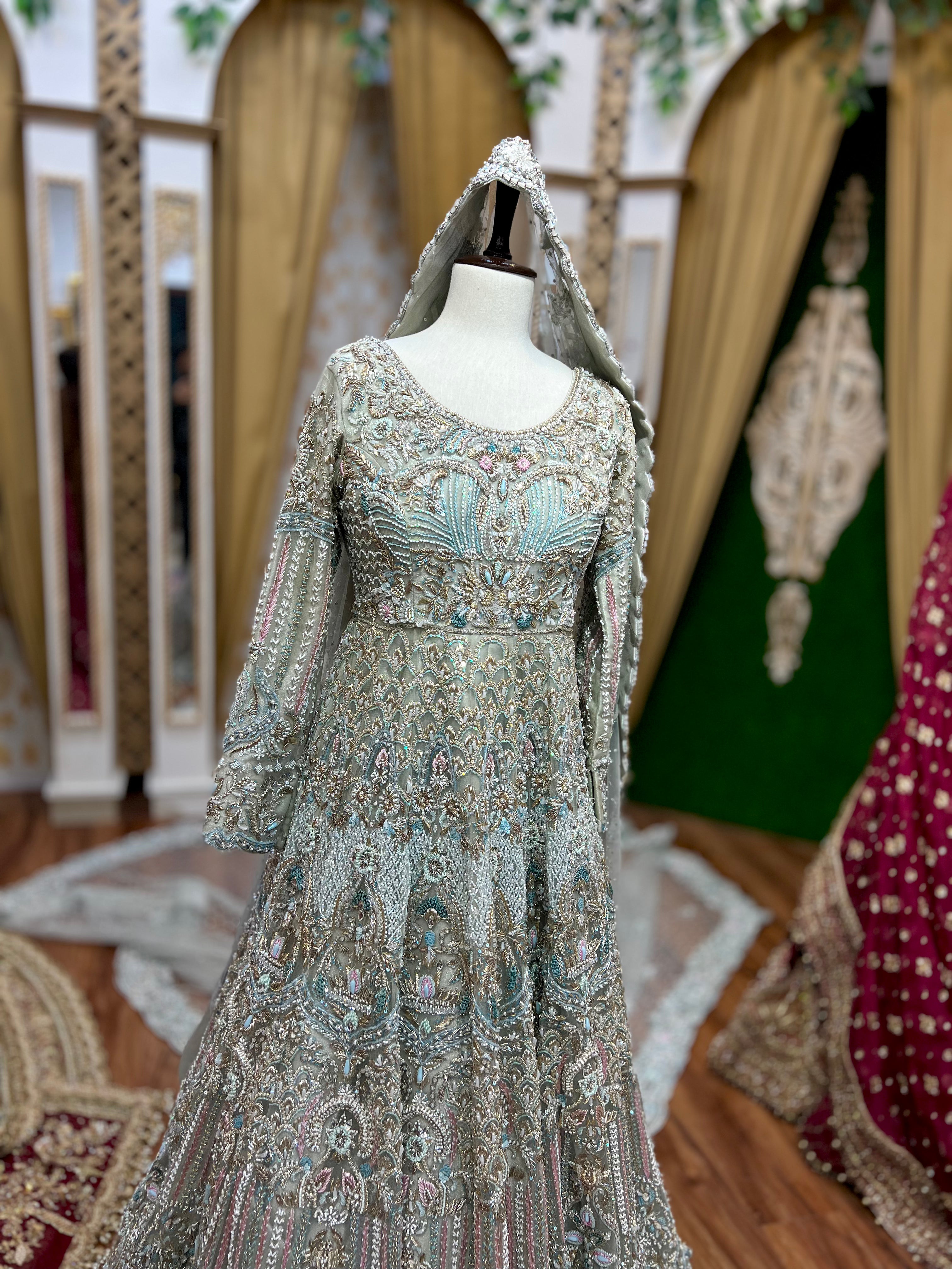 Ahmad Sultan Luxury Ice Blue Maxi With Tail Dupata