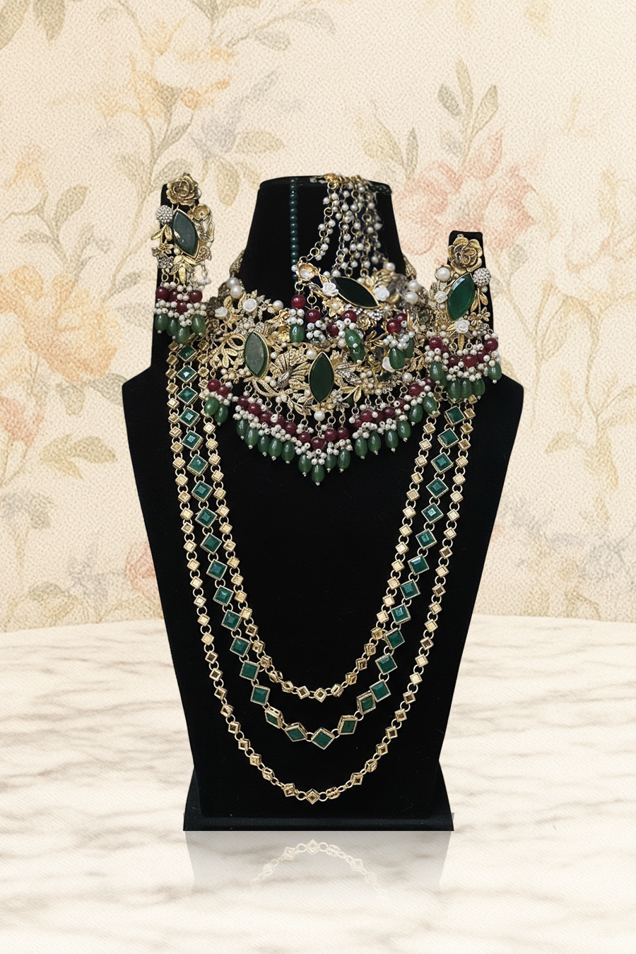 Green Oval Stone Jewelry Set-JELY-013