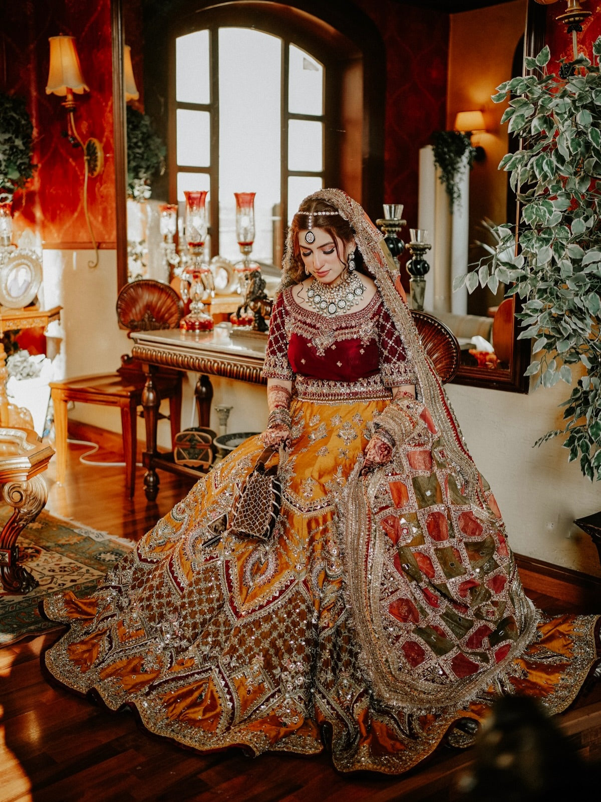 MNR HERITAGE MEHNDI LC WITH MAROON CHOLI